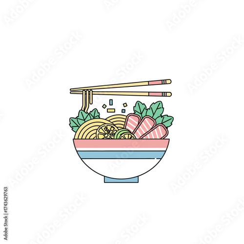 Delicious Asian Noodle Soup with Chopsticks in a Colorful Bowl.