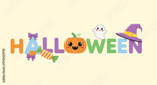 Colorful Halloween Greeting Spooky Pumpkin, Ghost, and Witch's Hat Illustration for Festive Fun
