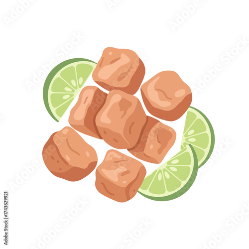 Delicious fried tofu cubes with lime slices a tasty appetizer.