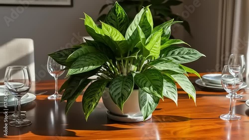 Lush Green Houseplant Adorns a Polished Wooden Dining Table with Elegant Glassware.