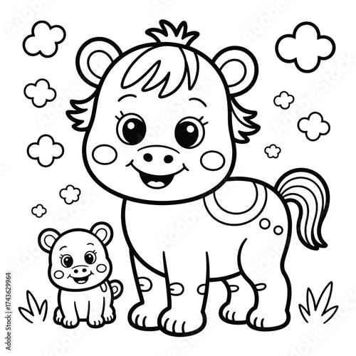 Adorable cute baby horse and foal coloring page vector illustration for children's activities silhouette White background