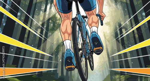 Cyclist riding bicycle on forest road with motion blur effect illustration