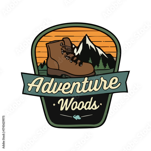 Adventure Woods Hiking Badge Featuring Boot and Mountain Landscape with Sunset Colors in a Retro Style Design