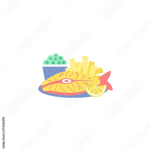 Stylized Fish and Chips Illustration with Vibrant Colors and Playful Design.