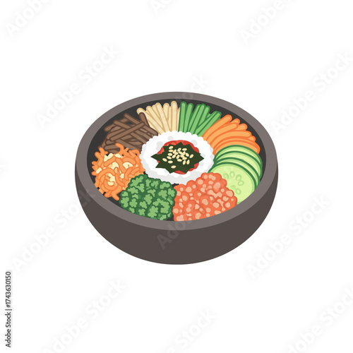 Delicious Korean Bibimbap Bowl with Colorful Vegetables and Rice.