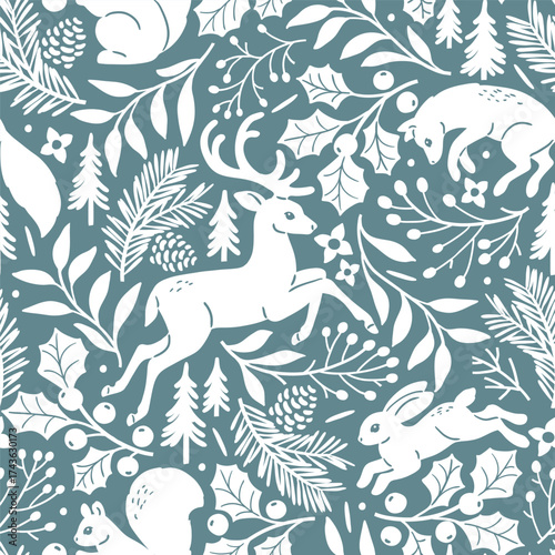 Seamless vector pattern with woodland animals and winter foliage. Deer, fox, squirrel, wolf and rabbit on botanical background. Hand drawn illustration of wildlife. Perfect for textile or wallpaper.