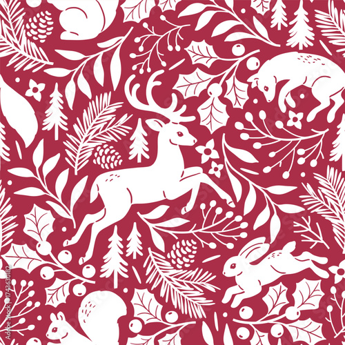 Seamless vector pattern with woodland animals and winter foliage. Deer, fox, squirrel, wolf and rabbit on botanical background. Hand drawn illustration of wildlife. Perfect for textile or wallpaper.
