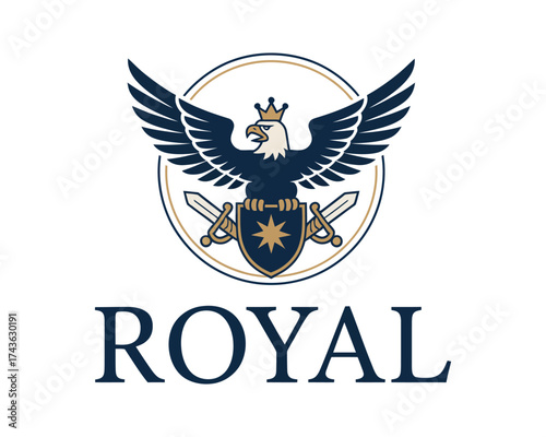 Professional logo design of a majestic crowned eagle with spread wings, swords, and shield