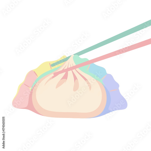 Steamed dumpling with colorful accents and vibrant ribbons, delicious food.