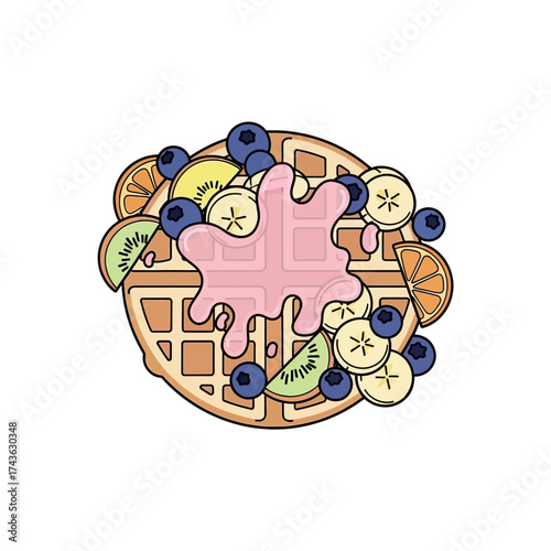 Delicious Waffle with Fresh Fruit and Pink Syrup Topping.