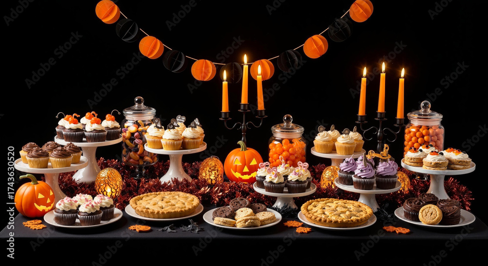 Naklejka premium Halloween party treats with jack-o'-lanterns and spooky decor on display