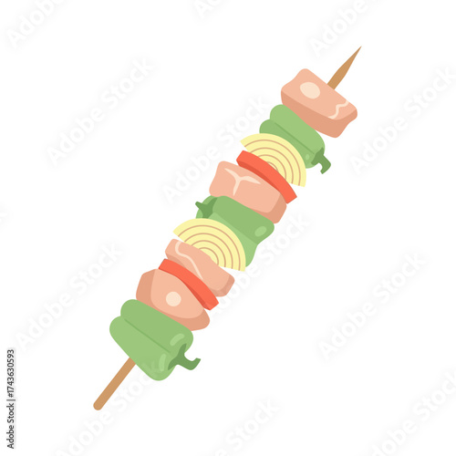 Delicious grilled kebab with various colorful vegetables and meat pieces.
