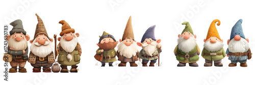 Set of Cheerful winter gnome in cozy mittens and a knitted hat, seated at a desk with papers, writing on transparent png background. Ai generated