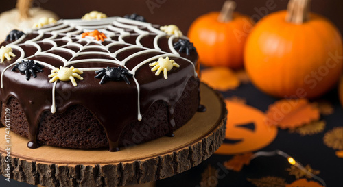 Spooky chocolate cake with Halloween decor and pumpkins for autumn celebration