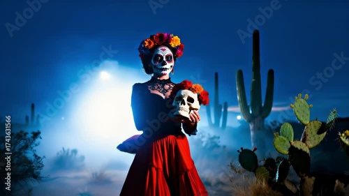 Woman Dressed for Day Of The Dead Celebration Holding Skull with Flowers in Misty Desert Setting 