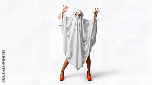 Funny Woman Wearing Ghost Costume with Raised Arms  Dances on White Isolated Background