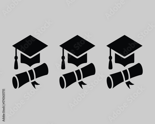 A set of three black graduation cap and diploma icons. Minimalist vector logo design symbols for education and academic achievement