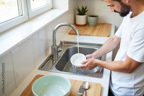 A white man is washing dishes in a kitchen sink with soap and water. The kitchen has clean countertops and a window with daylight