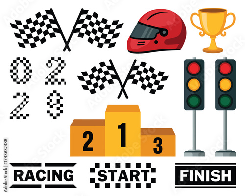 Set of racing icons, including checkered flags, helmets, trophies, traffic lights, podium, and start/finish signs for sporting events and competitions