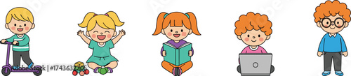 Cartoon children, kids activities, playful illustration, reading child, scooter riding, laptop use, toy blocks, vector graphics, happy kids, childhood moments