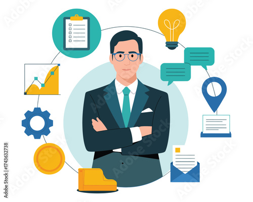 Professional Business Man With Strategy Icons and Growth Elements - Vector Illustration