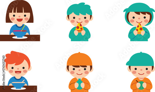 Cartoon kids eating, food variety, pizza, apple, bowl meal, happy children, mealtime illustration, nutrition concept, playful art, diverse characters
