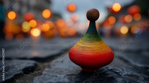 Vibrant spinning top toy placed on ground with blurred lights of paper lanterns at Multicultural Globos de Cantolla Festival in Mexico celebrating cultural heritage and childhood joy