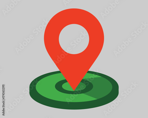 Red map pointer indicating a location on a green circular platform, isolated on a grey background, representing navigation and search