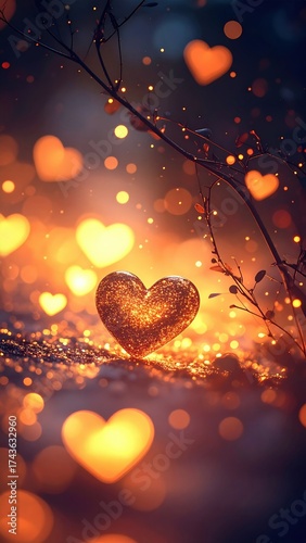 Glowing hearts in a dreamy, romantic setting, creating a warm and loving atmosphere.