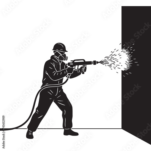 Worker in Protective Suit Spraying Material onto Wall Professional Application Black and White Graphic Illustration