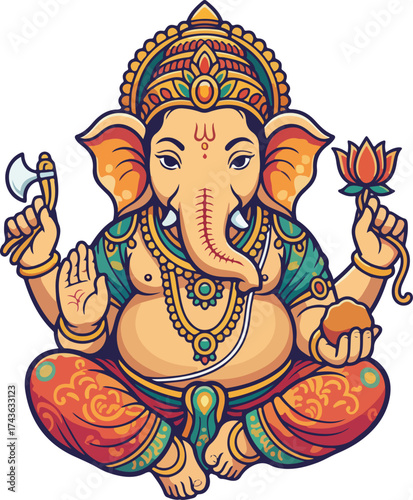 Colorful Ganesh Illustration Of Hindu God Ganesha With Lotus, Axe, Beads And Ornate Attire