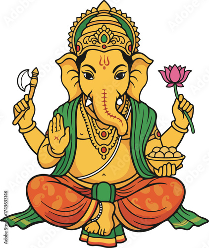 Colorful Elephant God Ganesha Illustration Holding Axe Lotus and Bowl