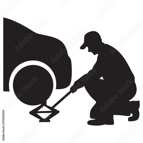 Man changing car tire using a jack silhouette service and repair flat tire on the road