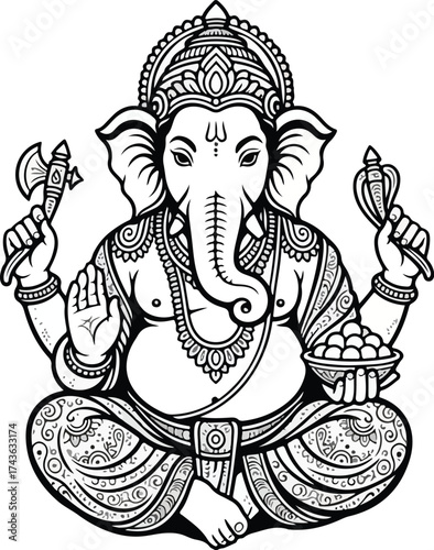 Traditional Ganesha Illustration: Hindu God of Wisdom With Axe and Bowl, Sacred Line Art Symbol