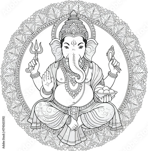 Intricate Ganesha Coloring Page Inside Ornate Circular Frame With Modak And Trident Divine Icon