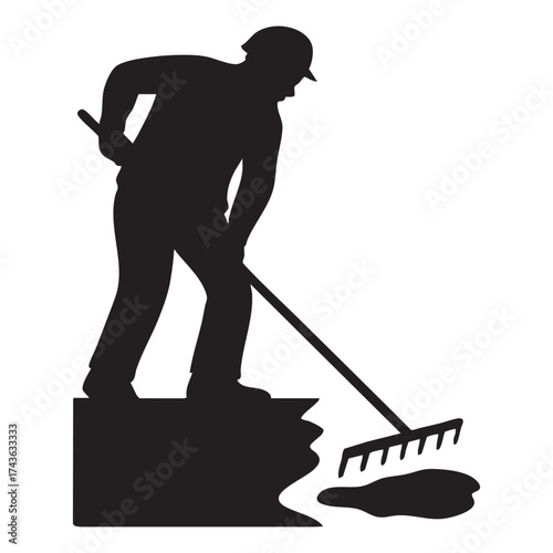 Silhouette of a Construction Worker with a Rake Removing Debris Vector Illustration Simple Design Graphic Image