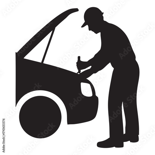 Silhouette of auto mechanic repairing car with open hood offering maintenance service and automotive expertise in a workshop environment