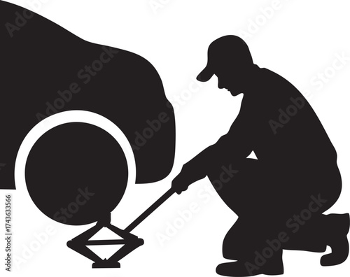 Silhouette of a mechanic changing a car tire using a jack in a roadside assistance concept depicting repair and maintenance