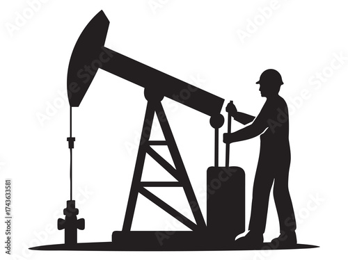 Silhouette of Oil Pump Jack and Worker Extraction Industry Depicting Fossil Fuel Energy Production and Petroleum Engineering Against a Plain Backdrop