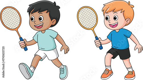 Cartoon boys playing tennis vector illustration showing active children in motion, ideal for kids’ sports, fitness, outdoor games, and recreation themes.