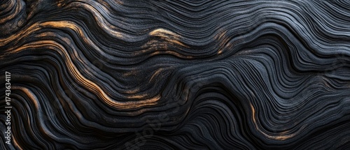 Wavy dark wood texture with golden highlights creating an abstract pattern, perfect for backgrounds and design projects