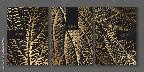 Set of luxury templates with golden leaf epidermis on black background. Leaf print texture. Botanical posters. Leaf veins