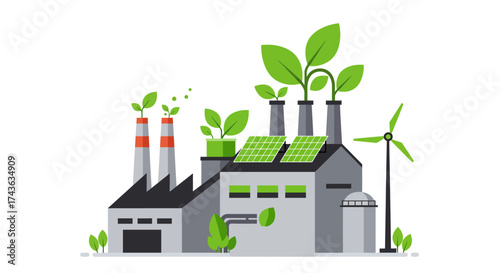 Ecofriendly factory with solar panels wind turbine and greenery
