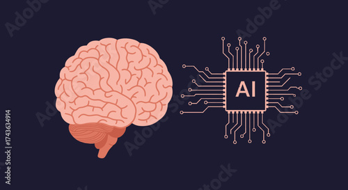 A pink brain illustration on the left and an AI chip illustration on the right