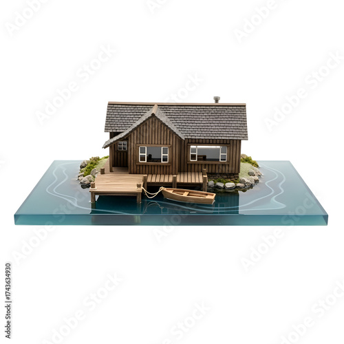 Wallpaper Mural Miniature Wooden Cabin Sits on Water with Dock and Boat on Transparent Background, Serene Torontodigital.ca