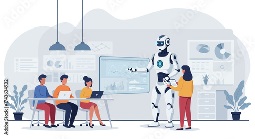 Robot presenting data to business professionals in an office