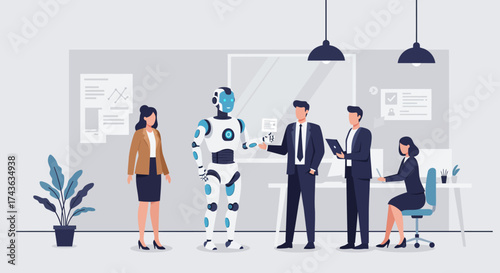 Robot shaking hands with businessman in office