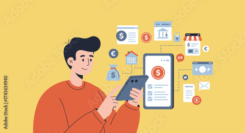Person using a smartphone surrounded by financial icons and concepts