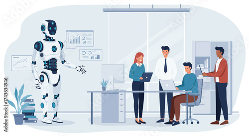 Robot and people working in modern office with charts on wall