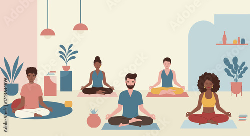 Five people meditating in a room with plants and lamps